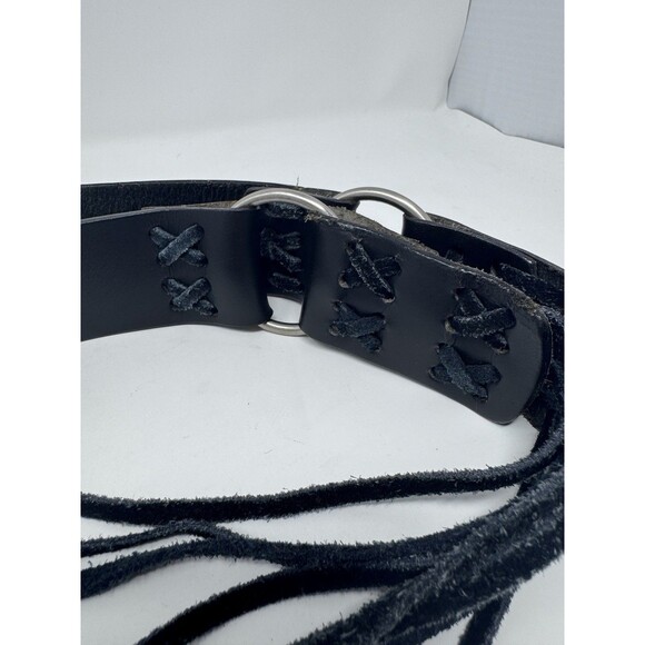 Lane Bryant Black Leather Belt Western Long Fringe Tie Metal Rings Country 22/28 - Picture 2 of 7